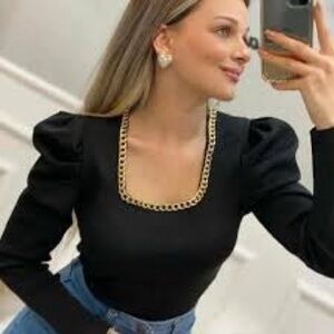 MANGO Black Puff Sleeve Top with Gold Chain Detail